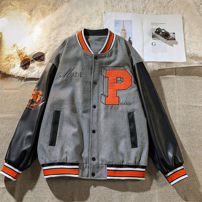 sanyamk Letter single-breasted jacket hip-hop retro fashion stitching embroidery loose casualbaseball uniform couple sale top