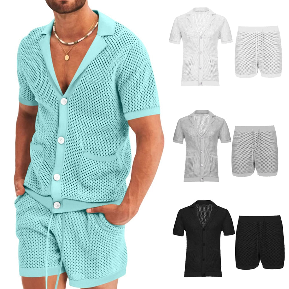 sanyamk Men's Summer Casual Solid Color Hollow Mesh Sweater Suit Men's Fashion V-neck Shirt Shorts Thin Section Outerwear Two-piece Suit