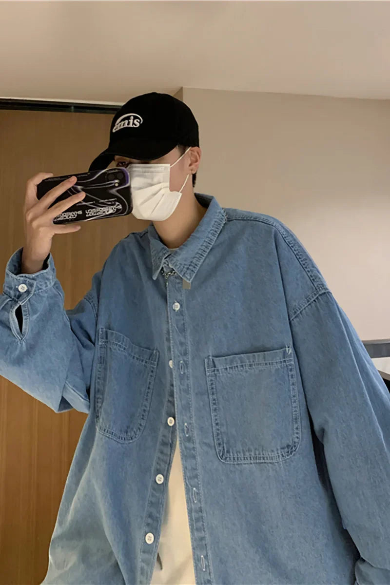 sanyamk Autumn ins high street cowboy shirt men's design inside couple simple long sleeve outside Lapel shirt Denim camisa jeans