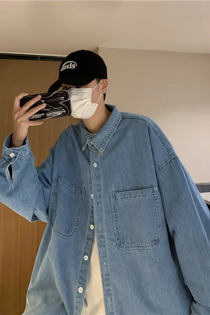 sanyamk Autumn ins high street cowboy shirt men's design inside couple simple long sleeve outside Lapel shirt Denim camisa jeans