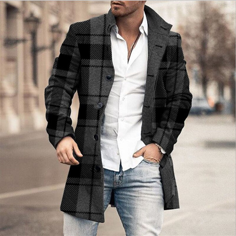 Bonsir Fashion Plaid Wool Coats Men Autumn Winter Warm Jacket Casual Long Sleeve Turn-down Collar Button-down Outerwear Mens Streetwear