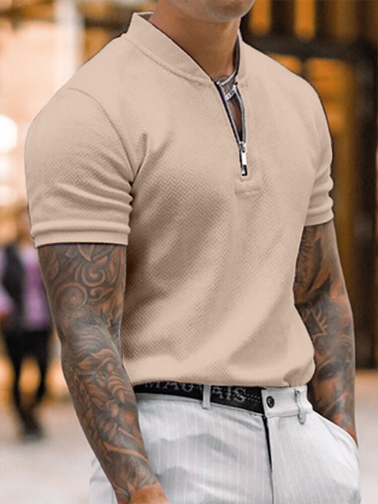 sanyamk Summer Short Sleeve Knitted Solid Polo Shirts Men Fashion Zippers Turn-down Collar Pullover Tops Casual Mens Clothes Slim Polos