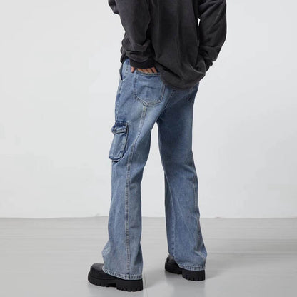sanyamk High Street Washed Pockets Retro Jeans Pants for Men Straight Distressed Casual Baggy Denim Trousers Loose Hip Hop Cargos