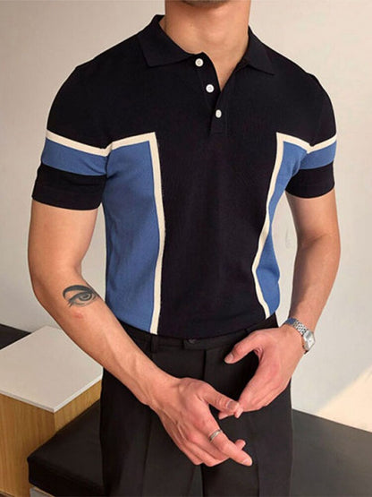 sanyamk Fashion Patchwork Men Polo Shirts Knitted Short Sleeve Slim Tops Pullover Spring Summer Men's Casual Turndown Collar Polos