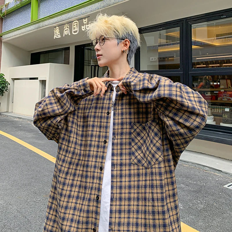 Bonsir Harajuku Long Sleeve Plaid Shirts Men Autumn Loose High Street All-match Shirt Gentleman Camisa Check Tops Stylish 5XL-M