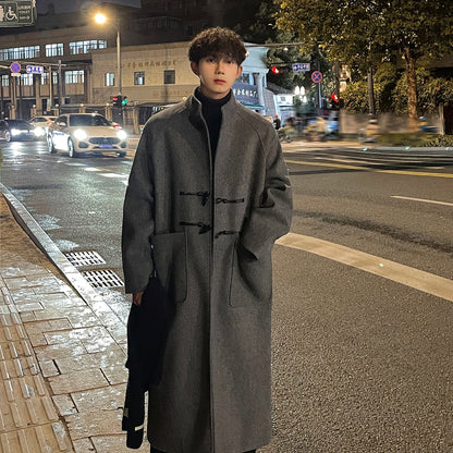 sanyamk Autumn Winter Men Horn Button Woolen Coat Mid Length Stand Collar Trench Coat Solid Color Big Pocket Overcoat Streetwear