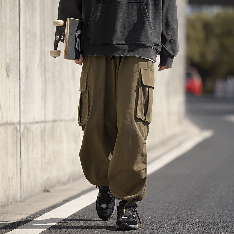 Bonsir Cotton Cargo Pants Men Fashion Retro Pocket Casual Pants Men Japanese Streetwear Hip Hop Loose Straight Pants Mens Trousers