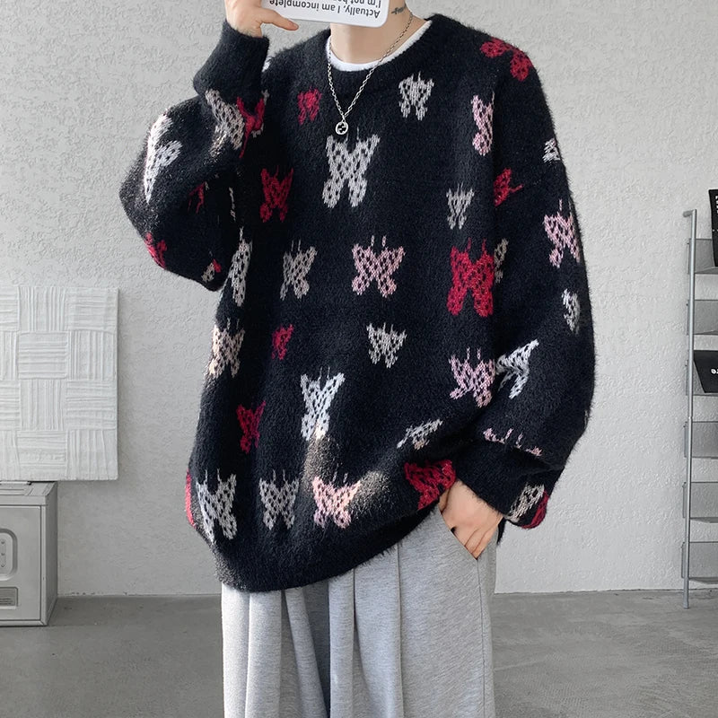 Bonsir Autumn Winter Butterfly Jacquard Pattern Sweater New Popular Casual Round Neck Contrast Color Knitted Men's Knitwear Pullover