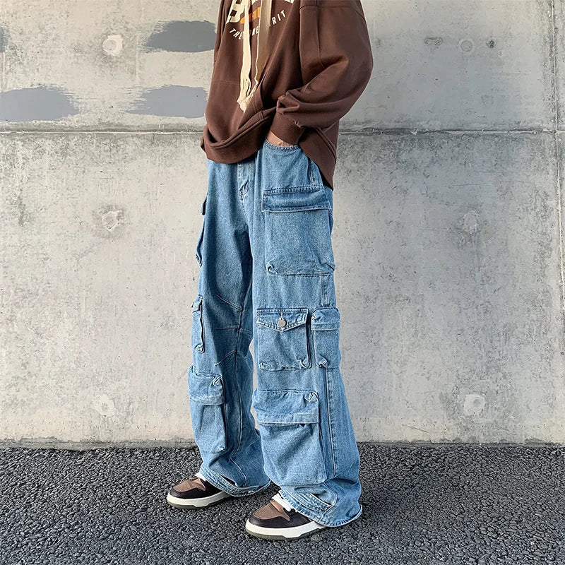 Bonsir Men's Cargo Multi-pockets Tooling Jeans New Women's  Vintage Loose Wide Leg Pants Streetwear Casual Hip-hop Mopping Trousers