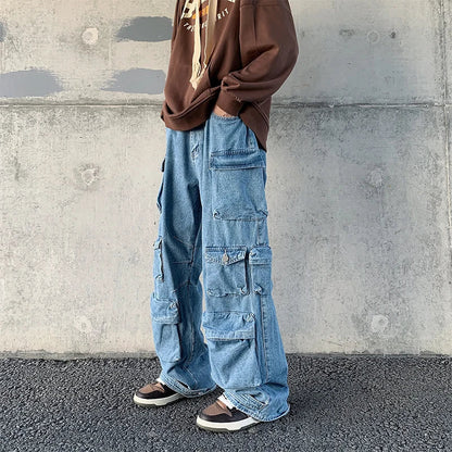 Bonsir Men's Cargo Multi-pockets Tooling Jeans New Women's  Vintage Loose Wide Leg Pants Streetwear Casual Hip-hop Mopping Trousers