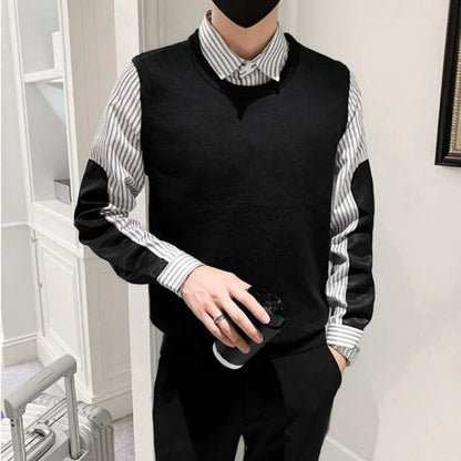 Bonsir Fake 2 Pieces Men Autumn and Winter High Quality Pullover/Male Slim Fit Fashion Striped Lapel Long Sleeve Knitted Sweaters 3XL-M