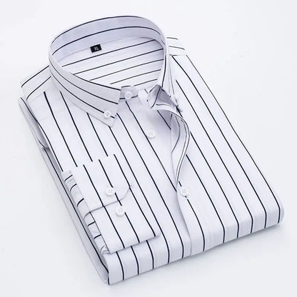 sanyamk New Spring and Autumn Long Sleeve Slim Fit Thin Casual Business Stripe Polo Collar Panel Button Pocket Oversize Men's Shirt