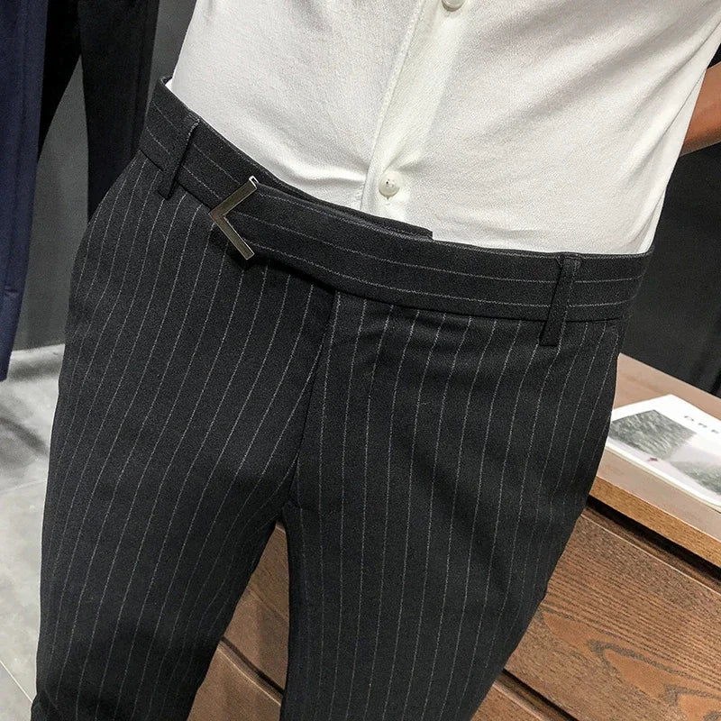 sanyamk   -  British Style Suit Pants Men Dress Pants Social Slim Fit Office Trousers Men Grey Spring New Striped Belt Trousers Men's