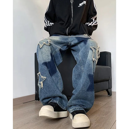 sanyamk Star Embroidery Patchwork  Jeans Men Straight Casual Autumn New Wide Leg Hip-hop Fashion Youth Neutral Streetwear Denim Trousers