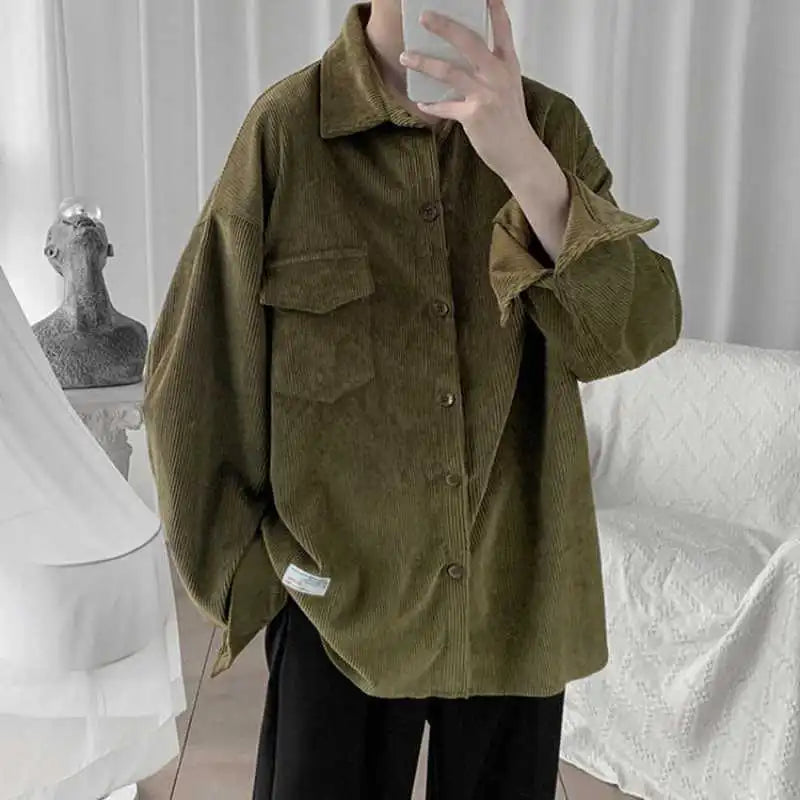 Bonsir Corduroy Men's Autumn Spring Korean Loose Japanese Long-sleeved Shirt Turn-down Collar Top Retro Baseball Tops