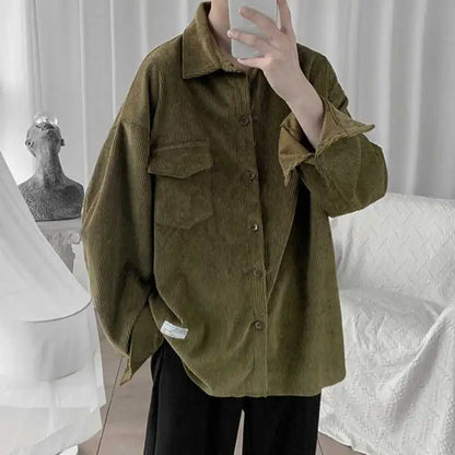 sanyamk Corduroy Men's Autumn Spring Korean Loose Japanese Long-sleeved Shirt Turn-down Collar Top Retro Baseball Tops