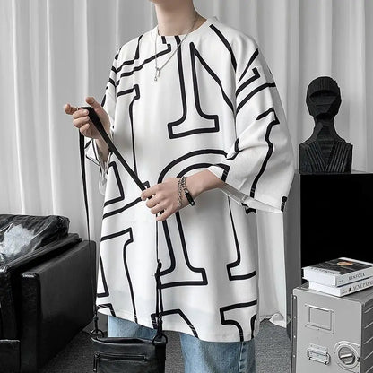 sanyamk Spring Summer Man Round Neck Men's Clothing Oversized Fashion Casual Geometric Pullovers Printing Short Sleeve Handsome T-Shirts