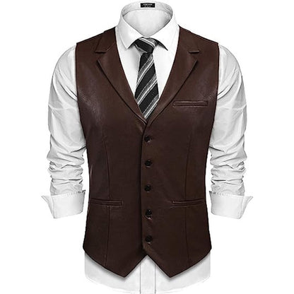 sanyamk Cowboy Leather Waistcoats Men Vintage Lapel Single Breasted PU Vest Coats Men's Clothing Fashion Button Sleeveless Jackets Fall