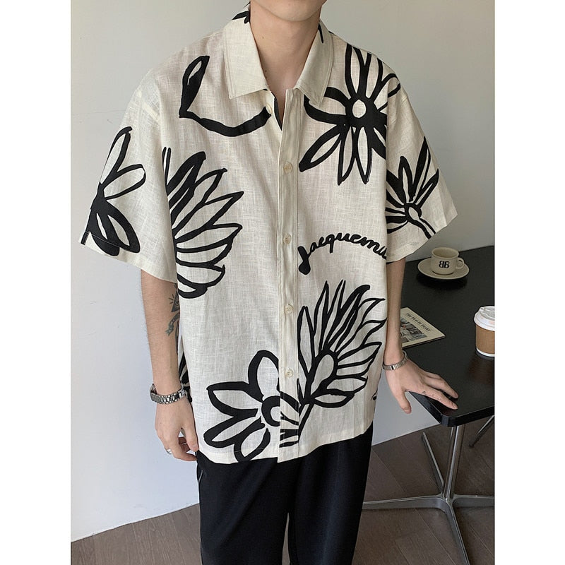 sanyamk Lazy wind retro cotton and linen shirt breathable summer wide version wide casual short-sleeved shirt flower print men's shirt