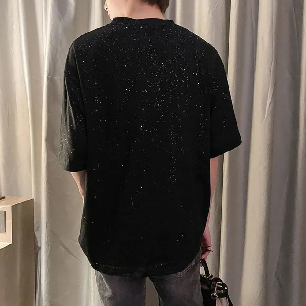 Bonsir Summer New Casual T Shirt Korean Fashion Solid Nightclub Sequins Short Sleeves Tops Trendy Loose O Neck Streetwear Pullover Tees