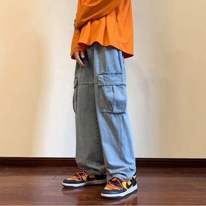 Bonsir Wide Leg Cargo Pants Autumn New Streetwear Baggy Hip Hop Jeans Big Pockets Men Korean Fashion Loose Straight Male Clothing Blue