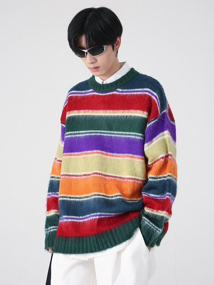 Bonsir Men's Pullover Autumn Winter New American Rainbow Stripe Contrast Round Neck Sweater Casual  Long Sleeve Male Tops