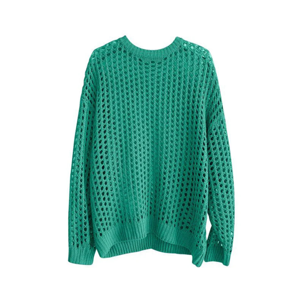 sanyamk Casual Pullovers Hollow Out Outfits Fishnet Smock Tops Men Fashion Loose Long Sleeve See-though Knit Shirts Y2k Sexy Holes Shirt