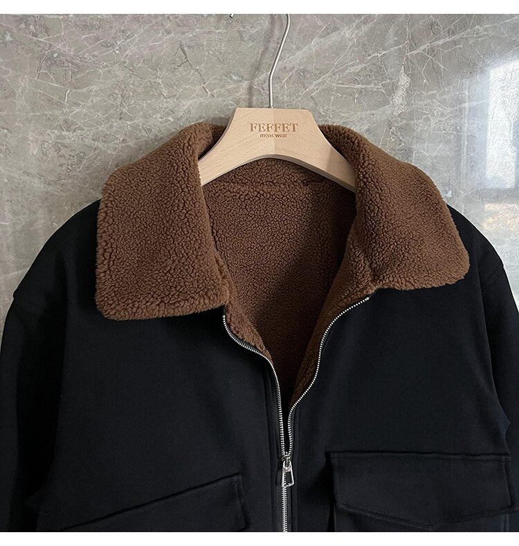 sanyamk Winter Men Lamb Fur Inner Fashion Loose Casual Vintage Short Cargo Jacket Male Japan Korean Streetwear Coat Outerwear