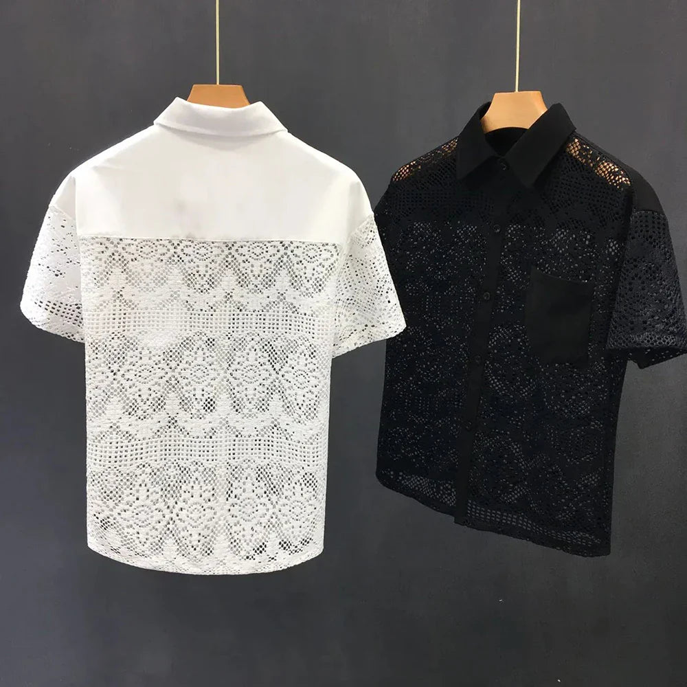 sanyamk Mens Hollow Sexy Lace Short Sleeve Casual Shirt See-Through 2024 New Genderless Fashion Versatile Youth Trend Retro Shirt Unisex