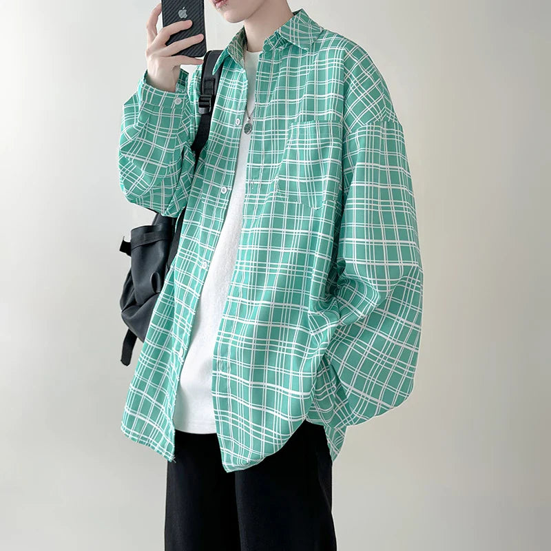 sanyamk 4 Colors Plaid Men Blouses Harajuku Checked Shirts Men High Quality Autumn New Oversize Streetwear Retro Men's Handsome Shirt