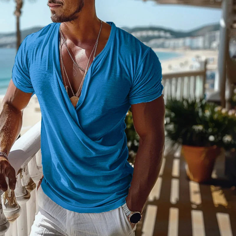 sanyamk  -  Vintage Wrap V Neck Tops Men New Casual Pure Color Loose Short Sleeve T-shirts Summer Mens Daily Leisure Breathable T Shirt Male