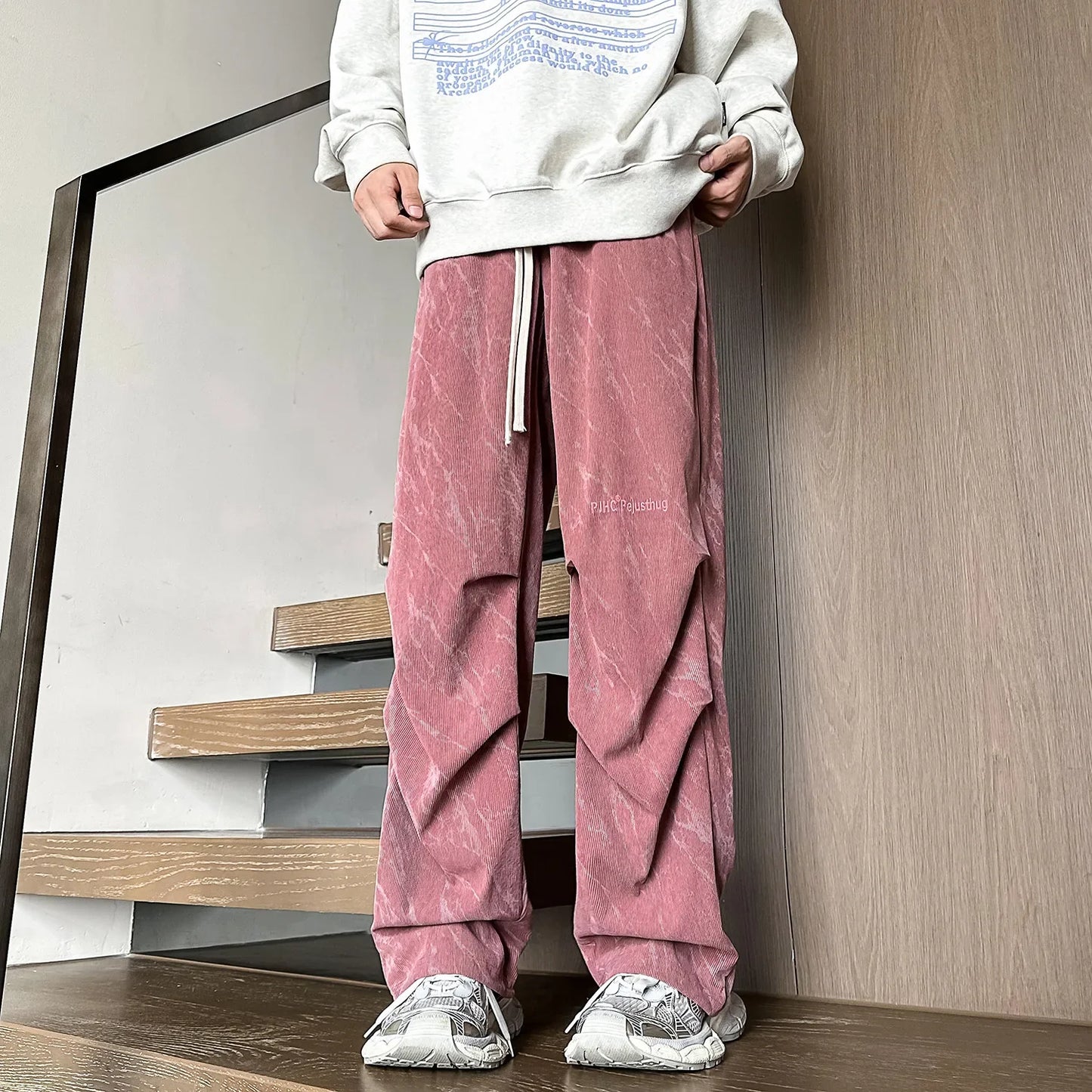 Bonsir Corduroy Parachute Pants Men Pink Wide Leg Trousers Male Streetwear Hip Hop Harajuku Loose Casual Japanese Sweatpants