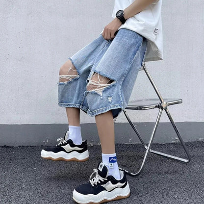 sanyamk Denim Shorts Men Hole Summer Gradient Color American Style High Street Students All-match Daily Breathable Fashion Trousers Chic