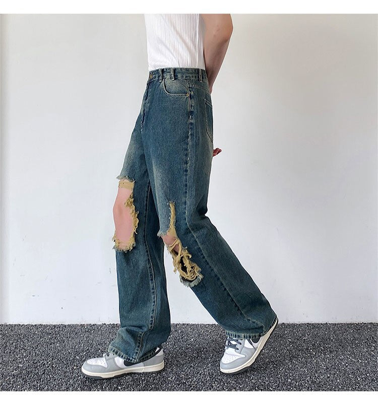 sanyamk Summer Men's Worn Out Jeans Vintage Distressed Hole Wide Leg Denim Straight Pants Korean Personality Casual Srteet