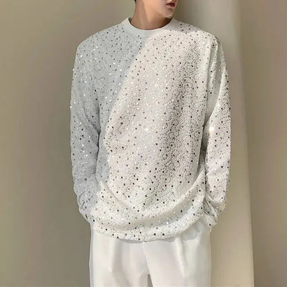 sanyamk Mens Autumn Y2k Sequined Korean Style Loose Long-Sleeved T-Shirt Autumn Genderless Nightclub Personalized Fashion Tops Unisex