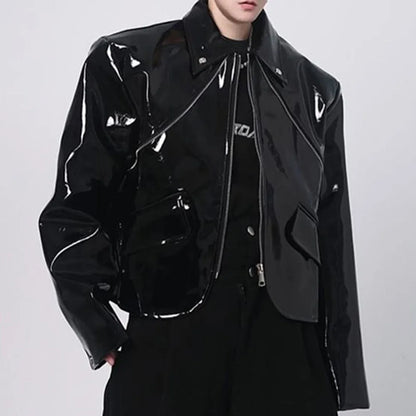 sanyamk Mens Jacket Shiny Leather Jacket Handsome Performance Stage Outfit Autumn Elegant British Excellent Patent Leather Jacket