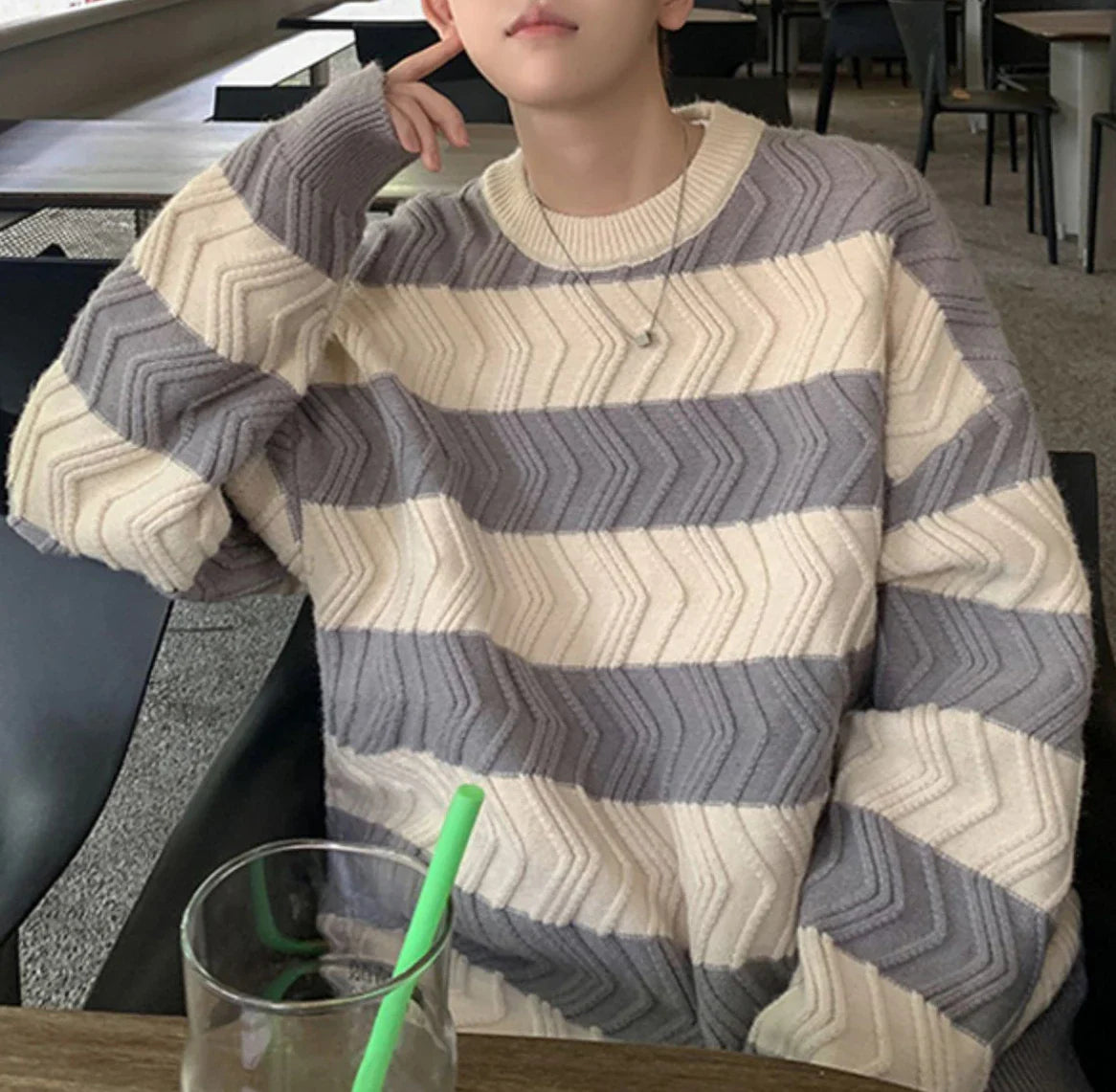 sanyamk Striped Sweaters Men Autumn Contrast Color Windproof Daily Chic Vitality College Hip Hop Fashion Simple Knitting Hong Kong Style