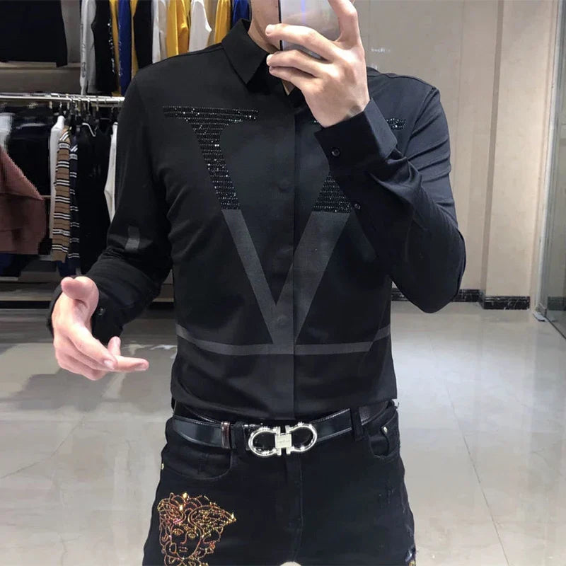 sanyamk Spring Autumn Personality Diamonds Letter Printing Shirt Hombre Long Sleeve Casual Fashion All-match Bottoming Blouse Men Top