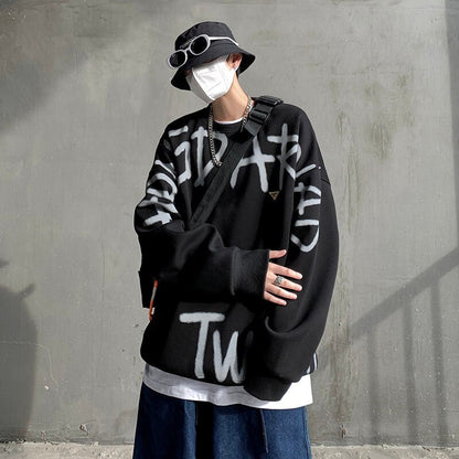 Bonsir Graffiti Letter Oversize Men Hoodies Sweatshirts O-neck Harajuku Hip-hop Pullovers Fashion New Male Jumpers Streetwear