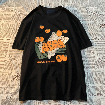 sanyamk Original Box Of Orange American Retro Fun Print Men Women Tees Loose And Versatile BF Pure Cotton Couple Short Sleeve T-shirt