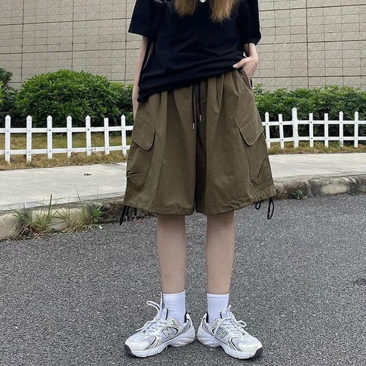 sanyamk American Style Vintage Solid Color Trend Loose Casual Fashion Korean Version Simplicity Commute Wide Leg Youth Cargo Shorts