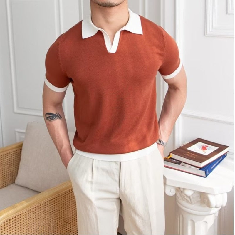 sanyamk New Summer Polo Shirt Color Contrast Knitted Polo Mens Polo Collar Versatile T-Shirt Fashion Trend New Product