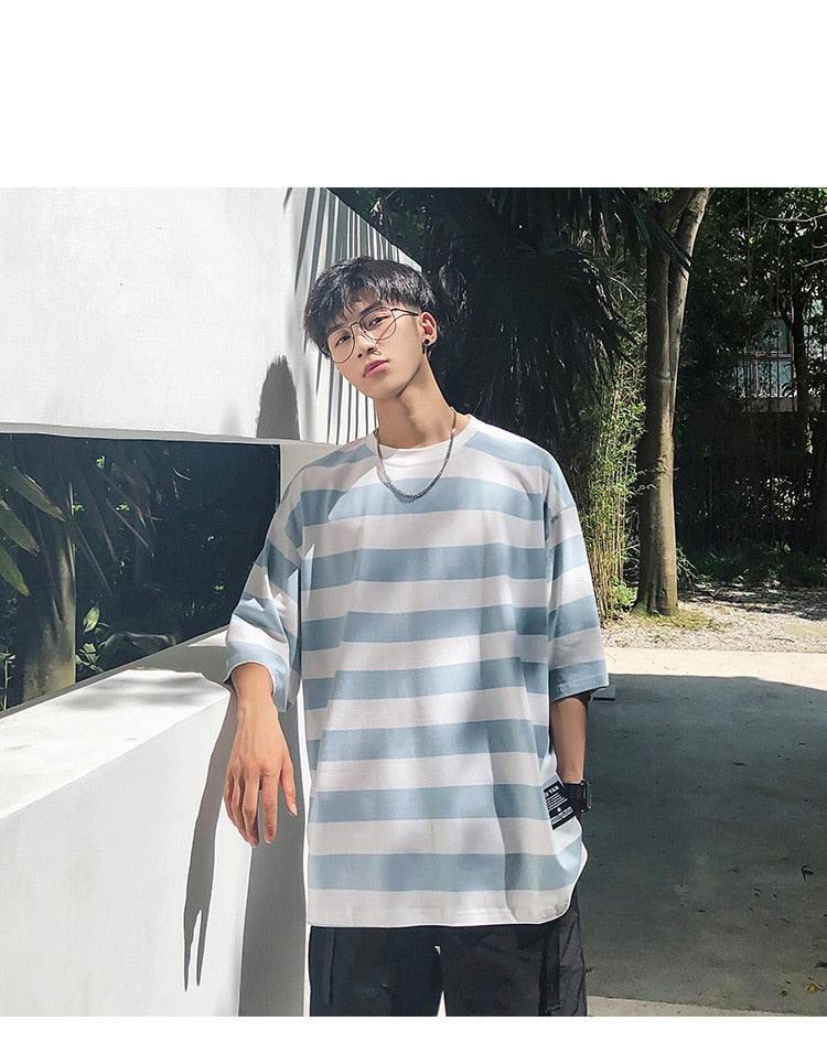 Bonsir New stripe Mens T Shirt Cotton  Summer  Male Oversized Tee Shirts 5XL Big Size Japanese Harajuku street Fashion Clothing