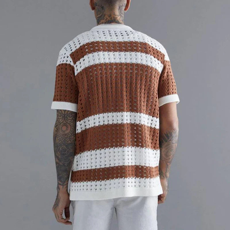 sanyamk Fashion Striped Patchwork Men's Knit Shirts 2024 Summer Short Sleeve Turndown Collar Button Shirt Men Clothes Casual Knitted Top