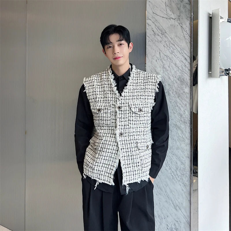 sanyamk Korean Style Coarse Tweed Vest Coat Trend Men Knit Burrs Casual Tank Tops Fashion Male Versatile Elgance Clothing 582acb