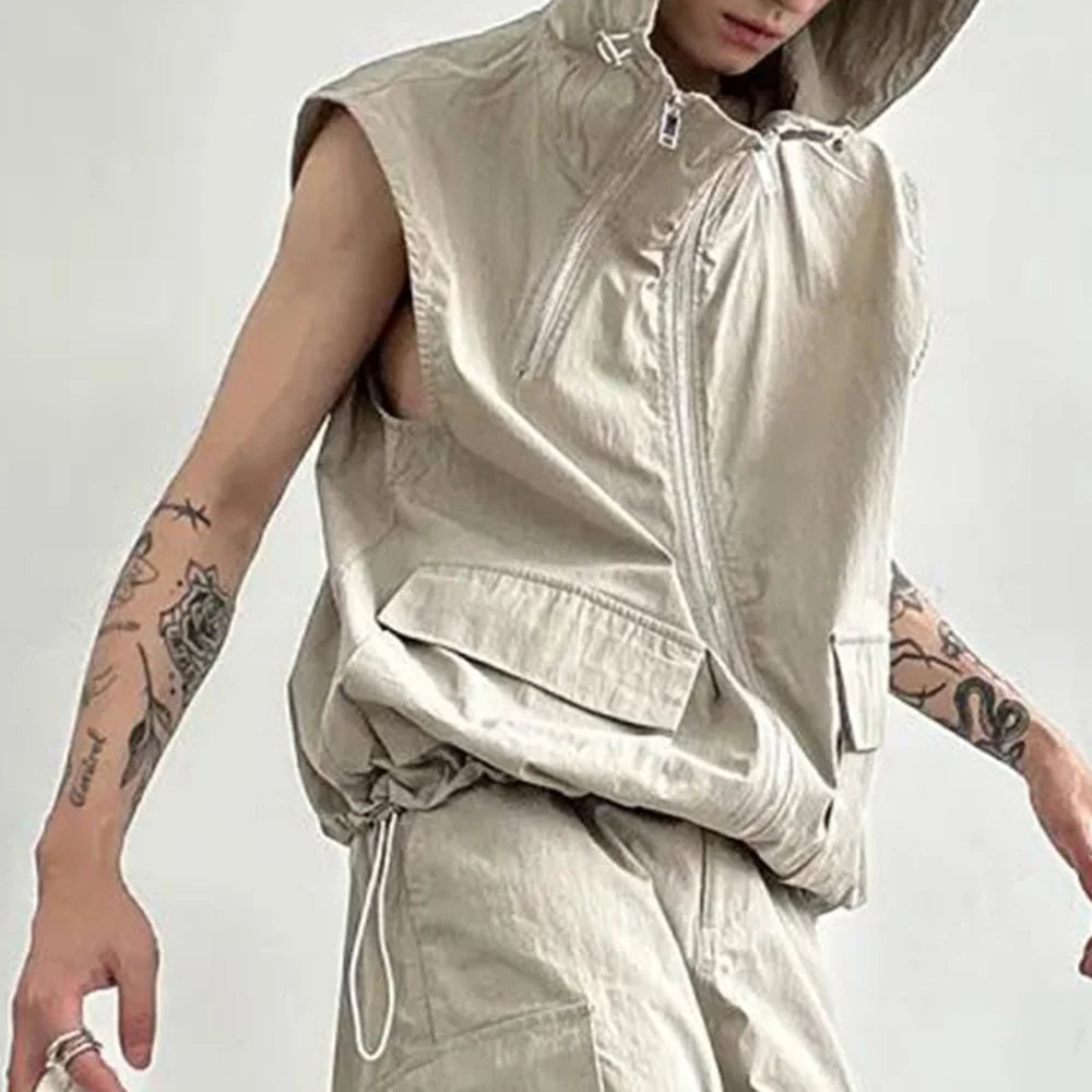 sanyamk Men Cargo Vest Hooded Summer Japanese Zipper Design Sleeveless Tops Male Korean Streetwear Hip Hop Unisex Plus Size Waistcoat