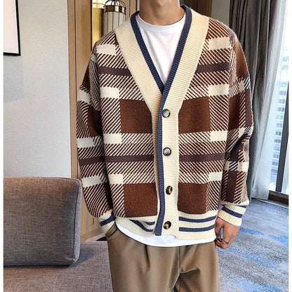 Bonsir Winter Korean Fashion Simple High Quality Plaid Knitted Cardigan Men Loose Casual Diamond Sweater Male Retro Casual Cardigan