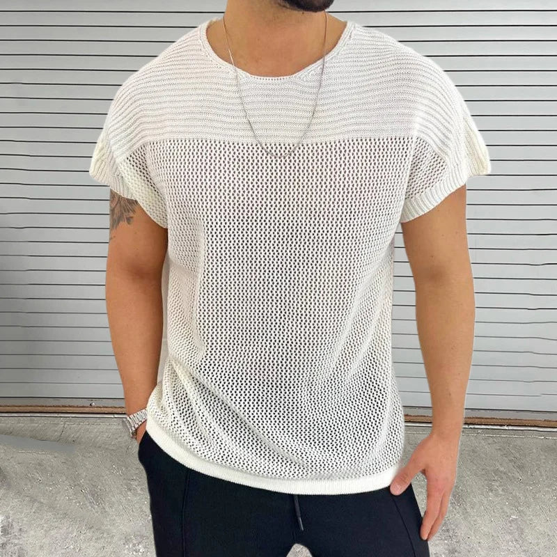 sanyamk  - Knitting Hollow Out Breathable Thin T Shirt Mens Summer Fashion Pure Color Knitted T-shirts Men Casual O Neck Short Sleeve Tops