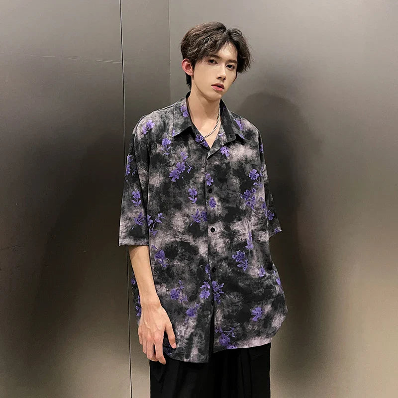 Bonsir Summer Floral Printing Short Sleeve Shirts Men Fashion Casual Loose Shirt Korean Street Style Ice Silk Cool Blouse Mens Shirt