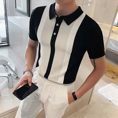 sanyamk 2024 Vintage POLO Shirt Men Stripe Patchwork Knitting Casual Lapel Pullover Summer Fashion Men Short Sleeve Slim POLO Shirt 3XL